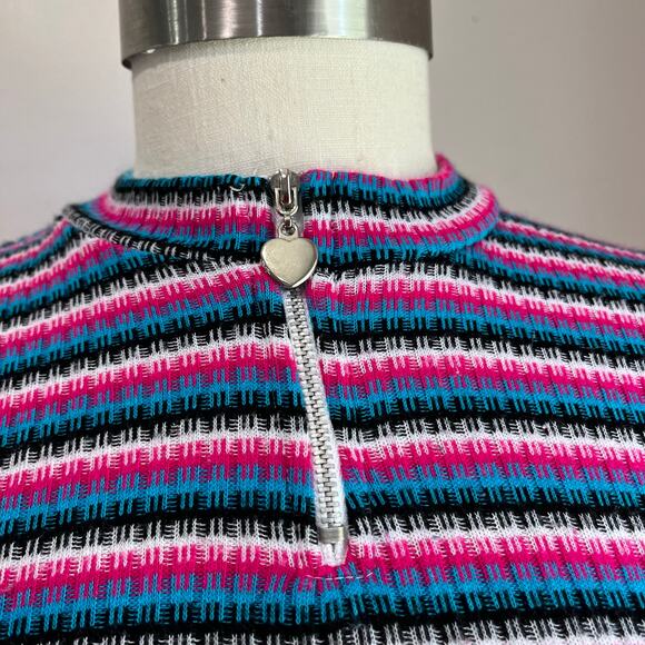 Y2K Vintage Striped Ribbed Cropped Half Zip Heart Charm Juniors Size L (12-14) - Picture 4 of 9